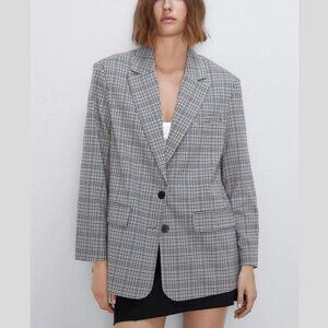 Zara Cream/Multi Plaid Houndstooth Single Breasted Blazer Jacket 20391